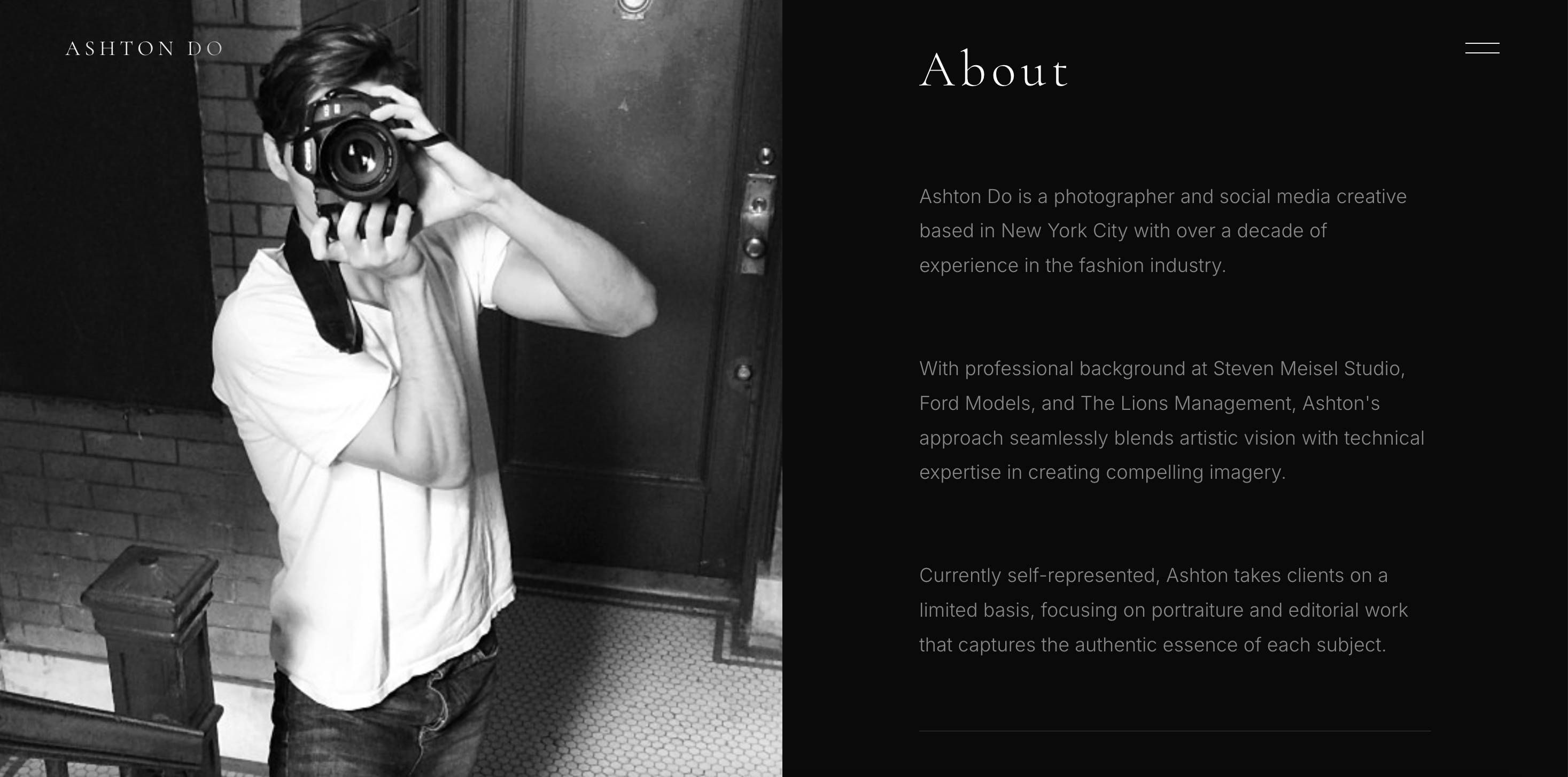 Ashton Do Photography about page with biography and self-portrait