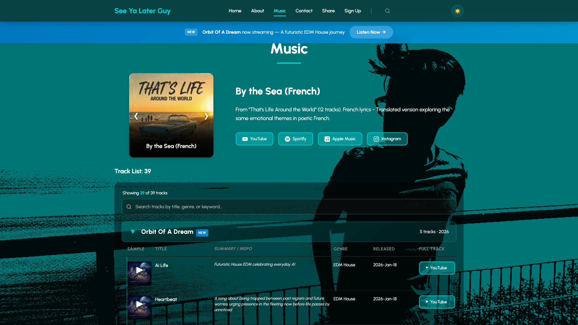 Music catalog interface with album listings