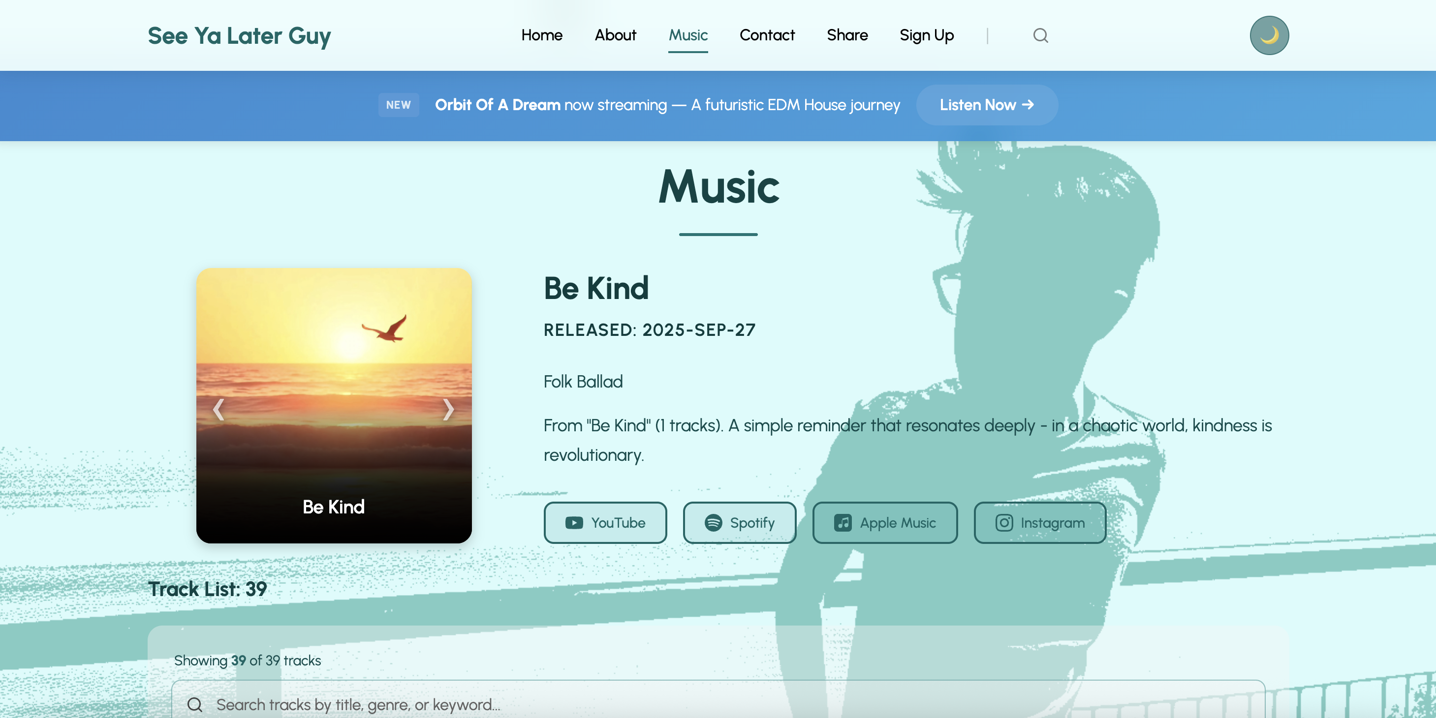 See Ya Later Guy music detail page showing album artwork and streaming links